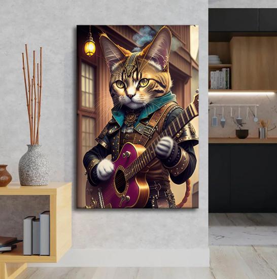 Gitarist Kedi Tasarımlı Dekor Kanvas Tablo